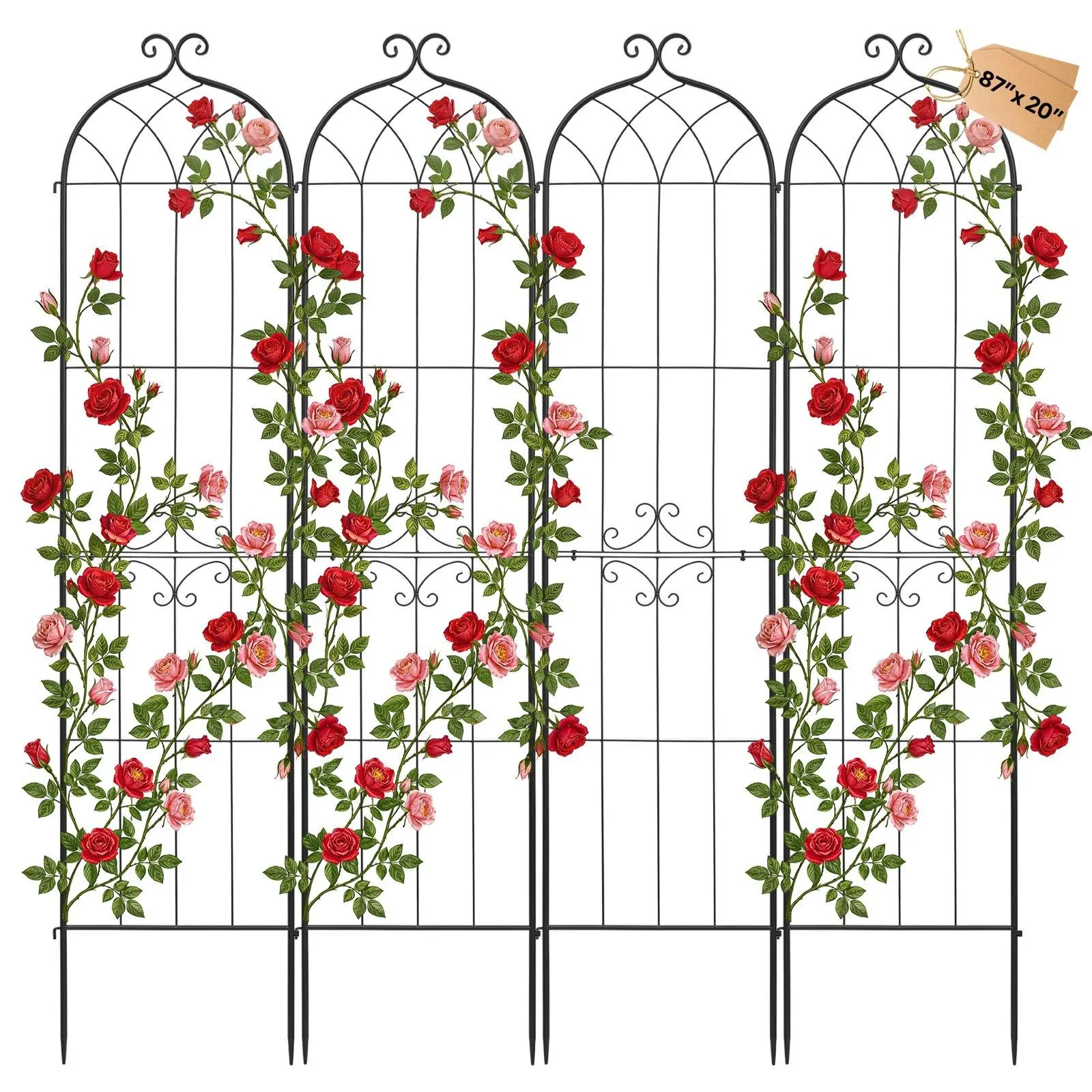 4 Packs 87 x 20 Inch Garden Rose Trellis, Thick Carbon Steel 0.5in Reinforced Frame Plant Support with Powder-Coated Finish, Built-In Locking Design Climbing Trellis with 11.42in Ground Stakes for Flowers Vegetables Vines