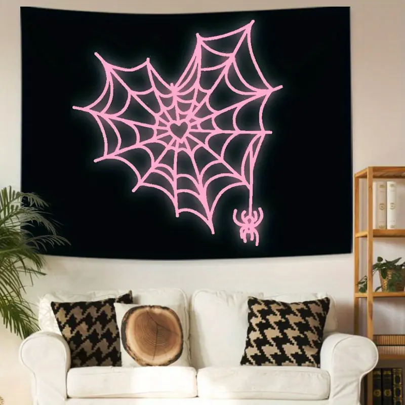 Charming Pink Spider Web Heart Tapestry - Polyester Wall Art for Bedroom, Home Office - Trendy Aesthetic Decor, Perfect Gift Item