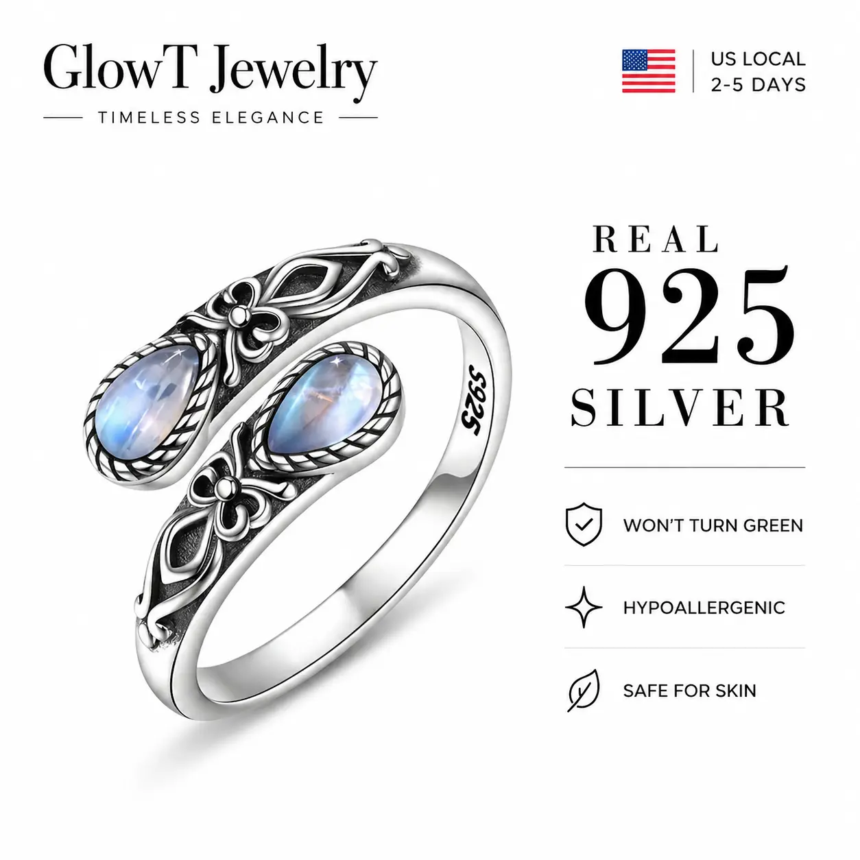 925 Sterling Silver Open Ring with Blue Moonstone Gemstone, Vintage Boho Adjustable Design, Elegant Floral Detailing, Perfect Statement Jewelry for Women, Gifts & Everyday Wear