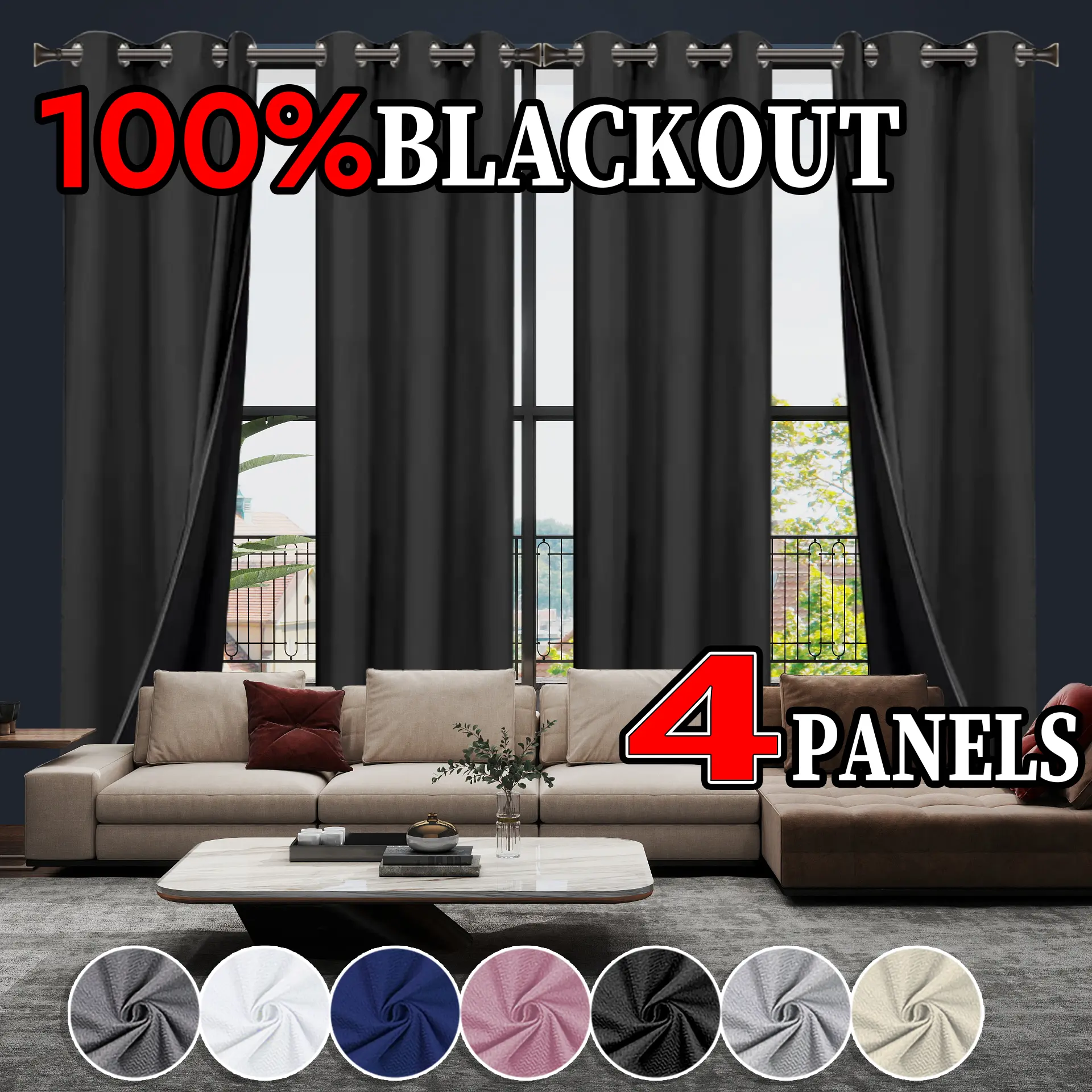 4 panels, laminated coating curtains, polyester, Thermal insulated curtain, 100% blackout noise-reducing and heat-insulating Privacy Grommet curtains, with grommet holes for hanging, suitable for various occasions