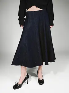 URBAN REVIVO 2026 Spring New Women's Denim Midi Skirt, Cotton Fabric Denim Material Bottom, Attractive Classic Rhinestone-Embellished Ruched Beaded Pleats UWG860004