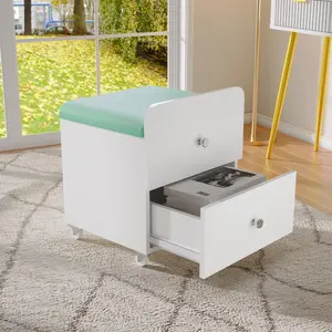 Makeup Vanity Stool Chair with Storage Drawer, Square Padded Vanity Seat & Side Table for Bedroom, Living Room, Makeup Stations