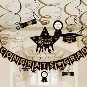 Graduation Hanging Swirl Banner Black and Gold Graduation Party Decorations 2026 Set We Are So Proud of You Banner Grad Hanging Swirls with Pomp Poms Class of 2026 Congrats Grad