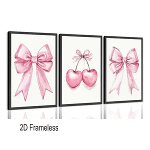 3-piece set, stylish bow-themed wall art, trendy pink canvas art, pink cherry canvas print—perfect for living rooms, bedrooms, girls' rooms, and apartment decor. 2D flat, frameless canvas posters, Modern Home Decoration