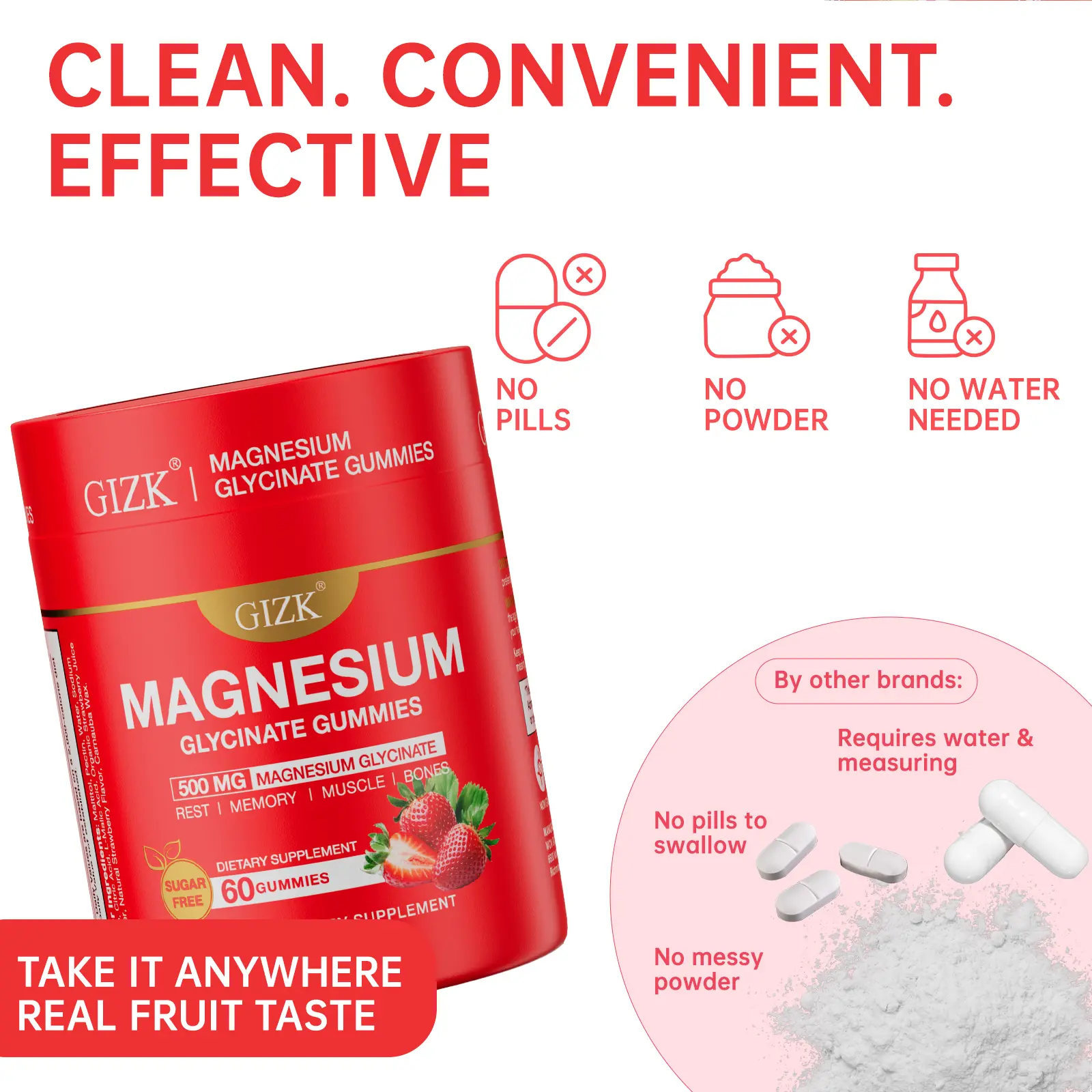 GIZK Magnesium Glycinate Gummies Supplements, Sugar-Free Vegan, 60 Pieces Single Bottle, Natural Strawberry Flavor, Supports Relaxation & Restful Sleep, Relieves Night Muscle Cramps