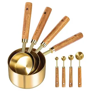 4 Piece/8 Piece Measuring Cups and Spoons, Kitchen Utensils Set, High-Quality Maple Wood Handle, Metric Measurements, Stainless Steel, Perfect for Cooking & Baking