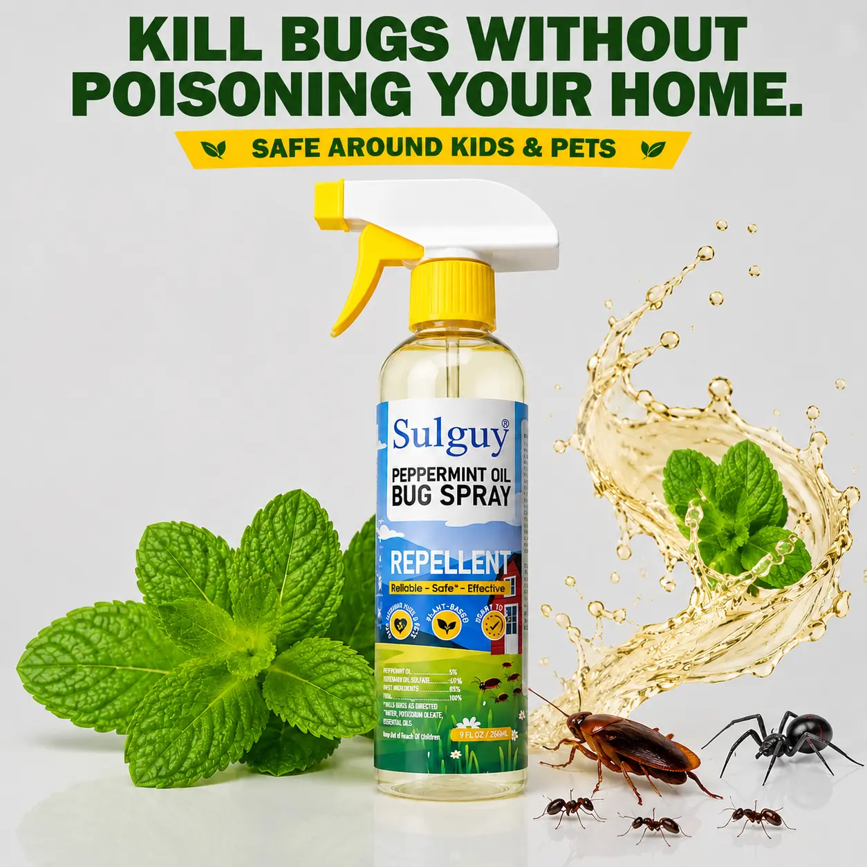 Plant Based Peppermint Bug Spray for Roaches | Family Friendly | Sulguy 9oz Indoor Kitchen Baseboard Spider & Ant Repellent Essential Oil Spray Scent
