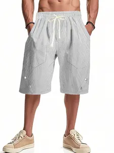 Men's Solid Color Jacquard Knit Shorts with Drawstring Elastic Waist, Stylish Casual Gym Shorts for Summer Daily Wear, Athleisure Casual Shorts, Stretch Shorts, Fitted Fashion Shorts