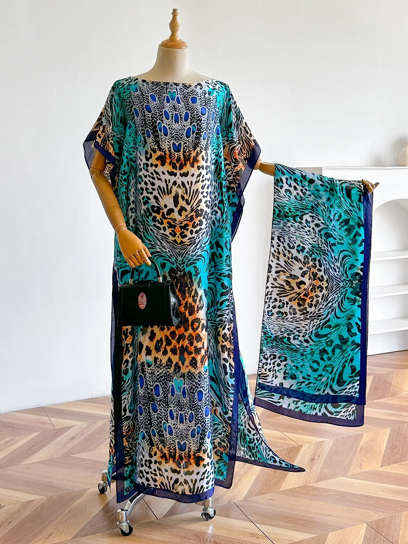 Elegant Silk Floral Print Dress Set, Long Robe & Scarf, Beach Cover-Up, Sun Protection, All Seasons Wear, Women's Fashion, Swimwear Coverups, Swimsuit Cover Up, Beachwear Cover Up