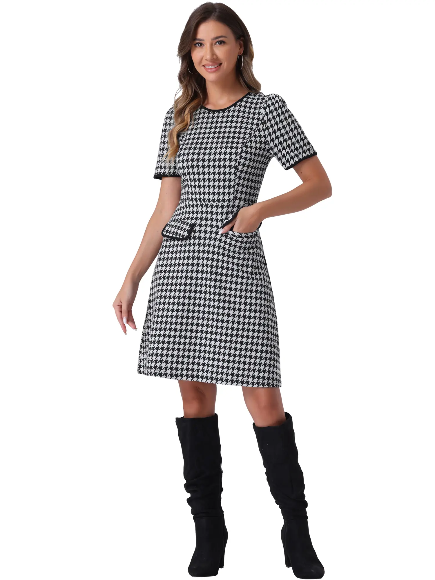 INSPIRE CHIC Plaid A-Line Dress Women's Crewneck Contrast Trim Elegant Houndstooth Dress