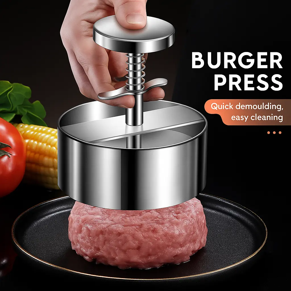 Stainless Steel Burger Press 304 Food Grade Non-Stick Hamburger Meat Pressing Machine Easy to Use for Beef & Vegetables Ideal for BBQ & Kitchen Utensils Silver Dishwasher Safe Ergonomic Design