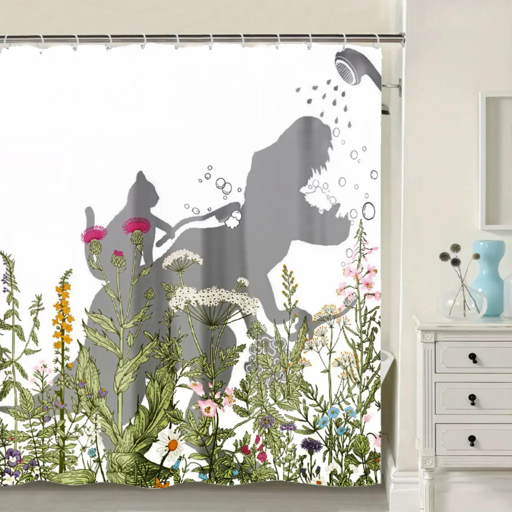 Cat Dinosaur Shower Curtain Funny Cat Help Dino Bathe Behind Wildflowers Silhouette Shadow for Bathroom Home Decor Waterproof Polyester Fabric with Hooks