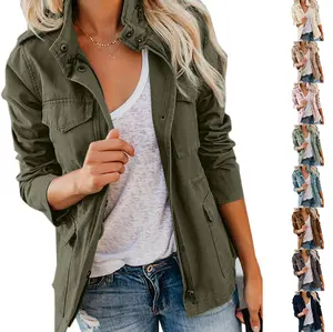 Fessceruna Womens Military Jacket Zip Up Snap Buttons Lightweight Utility Anorak Field Safari Coat Outwear