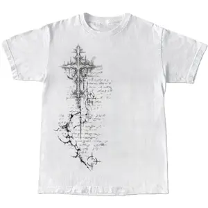 Vintage Style Cyber Gothic Cross T-Shirt, Retro Y2K Grunge Manuscript Graphic Tee, Heavyweight Combed Cotton Opium Aesthetic Top, Trendy Abstract Punk Rockstar Streetwear Clothing