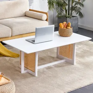 Furniture table Chinese style white solid wood and imitation rattan coffee table, rectangular solid wood coffee low table, small living room coffee table A small table placed in the living room and bedroom