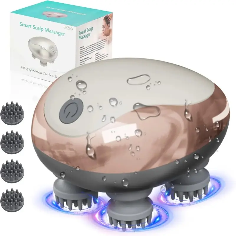 Electric scalp massager, Rechargeable Scalp Massagers, Scalp Stimulator, head massager for relaxing scalp pressure, 5-in-1 kneading with 128 massage nodes, hair massage strap with detachable claws and cat scratching board, a gift for parents