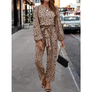 Leopard Tie Front Balloon Sleeve Jumpsuit