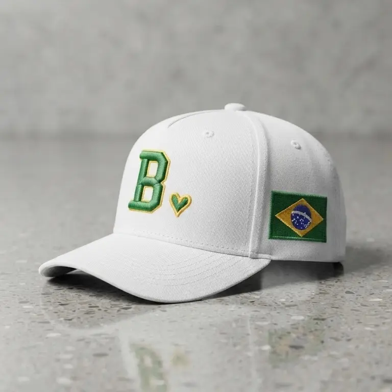 Brazil Inspired Embroidered Baseball Cap | White A-frame 5 panel Adjustable snapback Hat | Green & Gold Minimal Embroidery | Everyday Casual Streetwear
