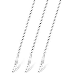 Set of 3 Long Handle Fruit Forks, 8.7 Inch Round Solid Handle Picks Forks for Jar, SUS304 Stainless Steel Olive Forks, 2-Tine Fork for Dessert Appetizer Cocktail Fruit and Vegetables,Silver