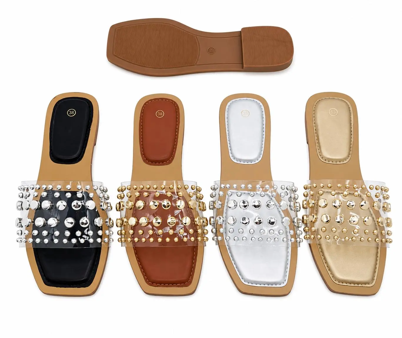 Studded Clear Sandals with Silver Accents and Brown Sole for Women's Fashion