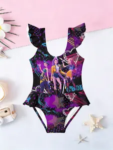 Hot Selling Girls Idol Print Swimsuit, Cyberpunk Neon One-Piece Swimwear, Cute Hemline, Slim-Fitting Casual Style