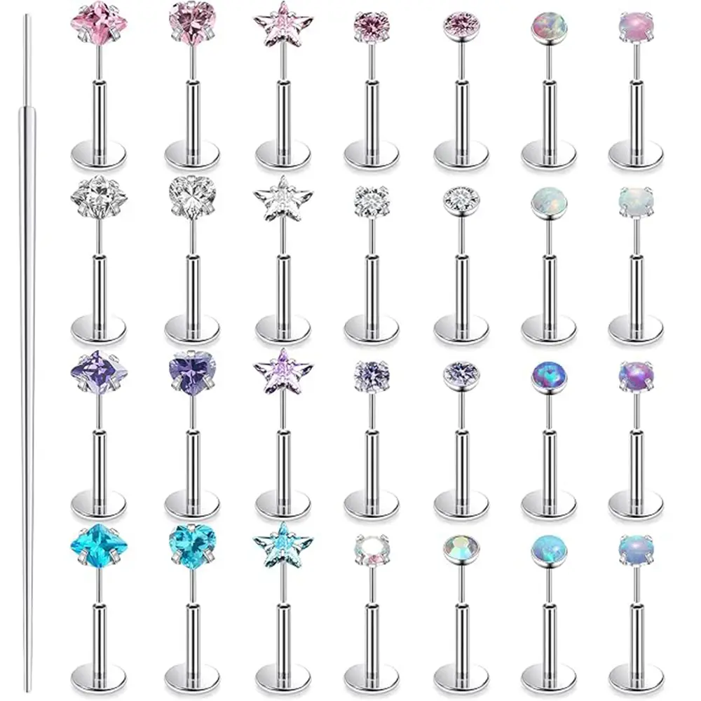 28Pcs 20G 18G 16G Threadless Nose Rings Studs Flat Back Earrings Surgical Stainless Steel Opal Nose Rings Stud Tragus Helix Conch Cartilage Earrings Piercing Jewelry For Women Men Hypoallergenic - Home Improvement.