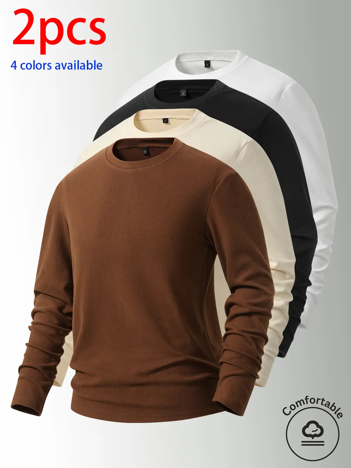 2-pack: men’s long-sleeve T-shirt, men’s terry crewneck long-sleeve T-shirt.Basic loose, stretchy, versatile base layer top—simple solid color for all seasons; suitable for everyday casual wear, students, commuting, and home.