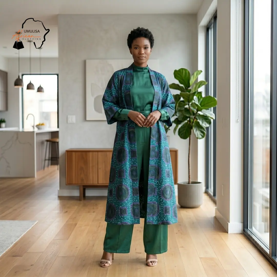 Imani Emerald & Indigo African Kimono Set – African Print Kimono Set Women, Two Piece Outfit, Ankara Long Kimono Jacket with Pants, Elegant Matching Set, Modest Fashion Outfit