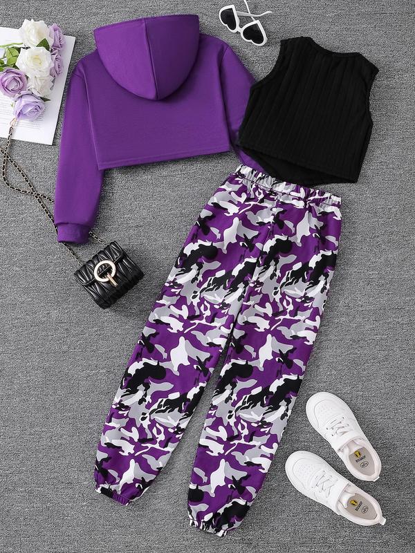 Three-Piece Set Girl's Plain Asymmetrical Hem Crop Hoodie & Crop Tank Top & Camo Print Elastic Waist Sweatpants Set, Casual Drop Shoulder Hooded Sweatshirt & Tank Top & Jogger Pants for Spring & Fall, Kids Clothes for Daily Wear, Grunge Girl Outfits