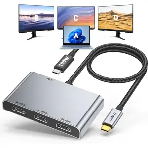 USB C to 3 HDMI Adapter with PD 100W, 4K@60Hz HDMI Splitter Extended Display for Multi-Monitors, Adapter for 3 , Windows Allows Display 4 Separate Screens, macOS Only Mirror Mode