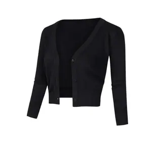 Solid Button-Up Knit Crop Cardigan, 3/4 Sleeve Bolero Sweater for Spring & Fall, Women's Casual Clothing Collar Fabric Tops Knitwear