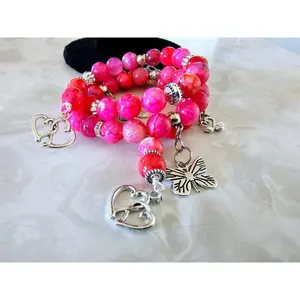 Beaded Memory Wire Bracelet Pink Glass Beads with Silver Hearts and Butterfly Charms Fashion Statement Gift For Her