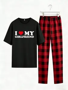 I Love My Girlfriend Men's Pajama Set | Short Sleeve, Round Neck Black Graphic Tee & Red Buffalo Plaid Pants | Lightweight Loungewear | Perfect for Valentine's Day, Date Night, Home Nights | Couples Matching Sleepwear, TikTok Style Gift for Him