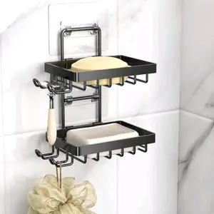 Double Soap Bar Holder for Shower, No Drilling, 304 Stainless Steel, Wall Mounted Soap Holder with 4 Hooks and Razor Holder, Shower Rack Soap Tray Bar Soap for Bathroom Accessories Organizer Case Installation Waterproof Narrow Locker Wheels