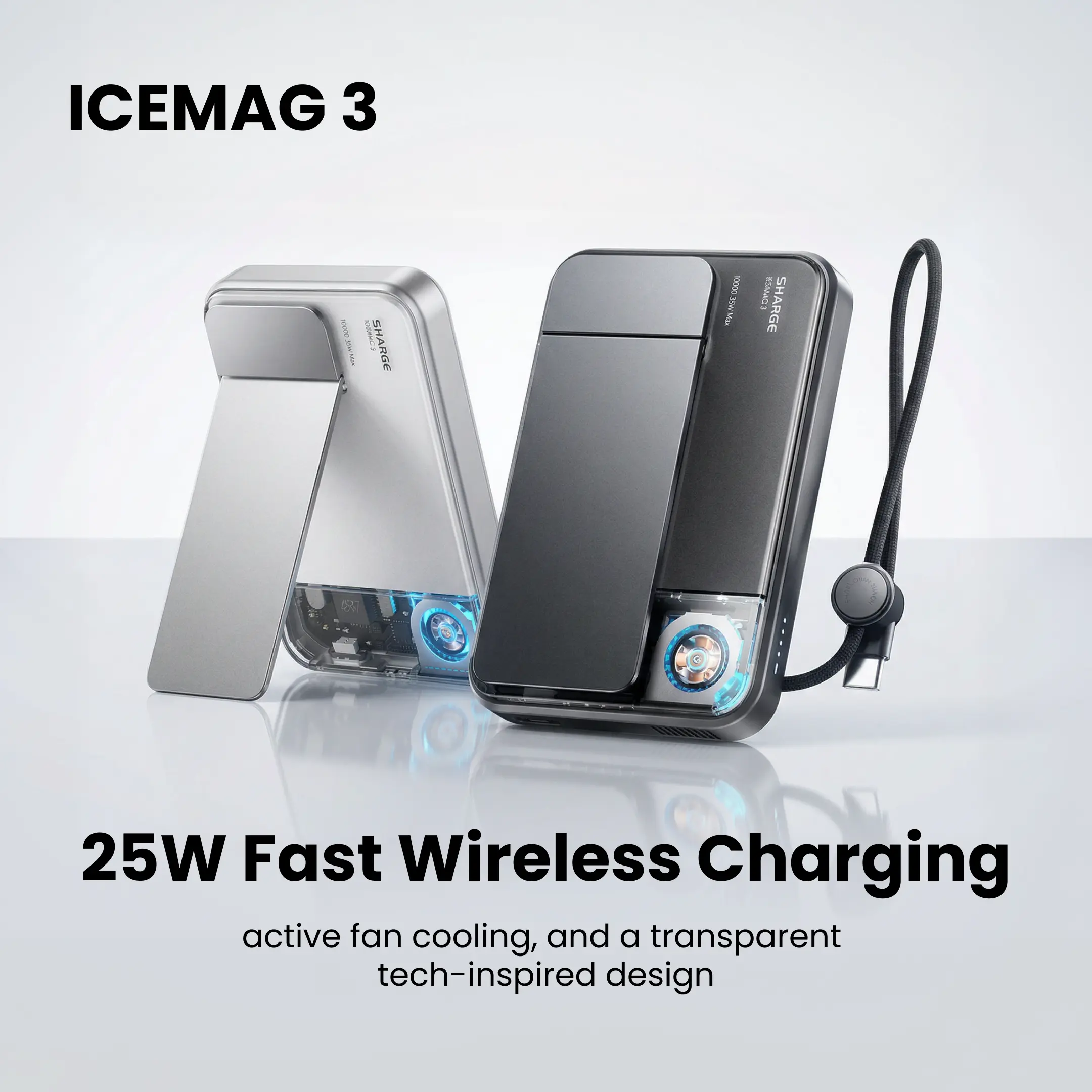 SHARGE ICEMAG 3 MagSafe Portable Charger, Qi2.2 25W Magnetic Power Bank 10000mAh 35W USB-C Fast Charging, with Active Cooling& Built-in Cable, Transparent RGB Design for iPhone 17e/16/15 Series