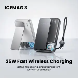SHARGE ICEMAG 3 MagSafe Portable Charger, Qi2.2 25W Magnetic Power Bank 10000mAh 35W USB-C Fast Charging, with Active Cooling& Built-in Cable, Transparent RGB Design for iPhone 17e/16/15 Series