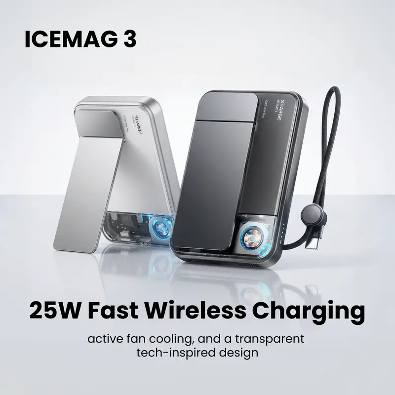 SHARGE ICEMAG 3 MagSafe Compact Wireless Power Bank - 10000mAh Qi2.2 25W Magnetic, 35W USB-C Fast Charging, Active Cooling, Built-in Cable, Transparent RGB for iPhone 17e/16/15 Series, Smartphone, Mobile Devices, Tablets, Phone Accessories, Back to School