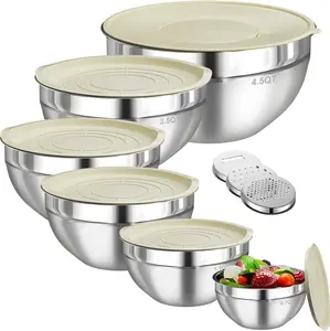 Multicolor Nesting Mixing Bowls Set 6 PCS Stainless Steel Mixing Bowls with Lids & 3 Grater Attachments for Kitchen Storage, Meal Prep, Baking,Large Sizes 4.5, 3.5, 2.1, 1.5, 1.1, 0.7QT. Dishwasher Safe, Space-Saving Nesting Design Tableware