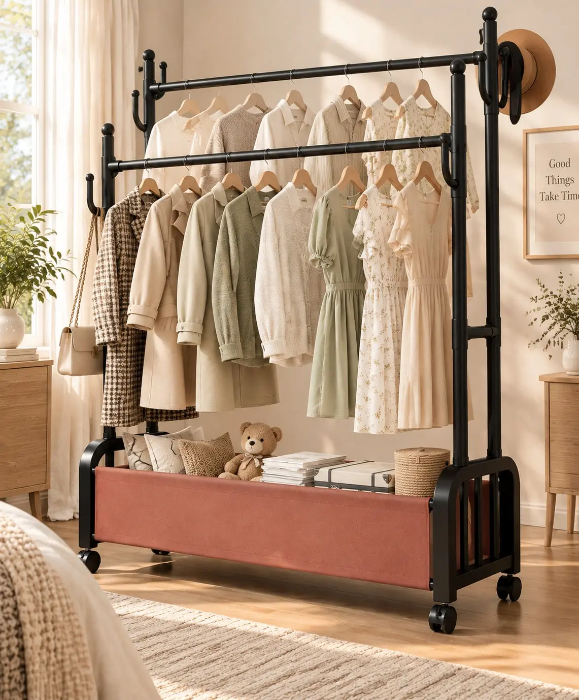 Mobile garment rack with wheels, aesthetic Instagram–style adjustable single/double rod clothes hanging rack, dorm room essentials, freestanding clothing organizer for indoor bedroom, laundry room, balcony, dorm, living room, home use.