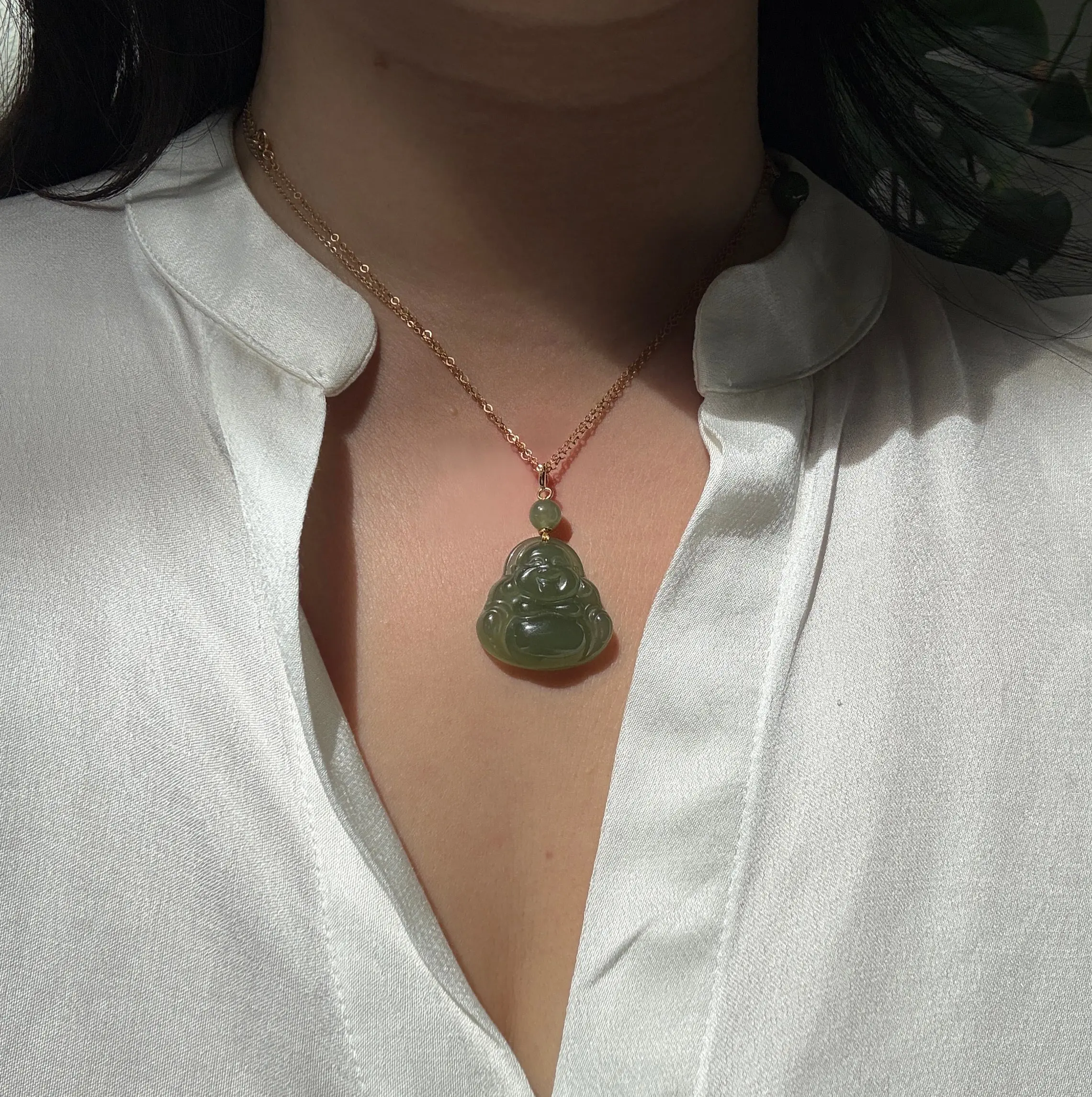 Large Natural Hetian Jade Buddha Pendant with 14K Gold Filled Clasp