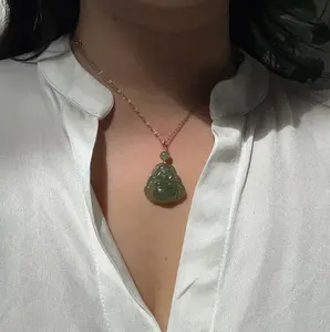 Large Natural Hetian Jade Buddha Pendant with 14K Gold Filled Clasp