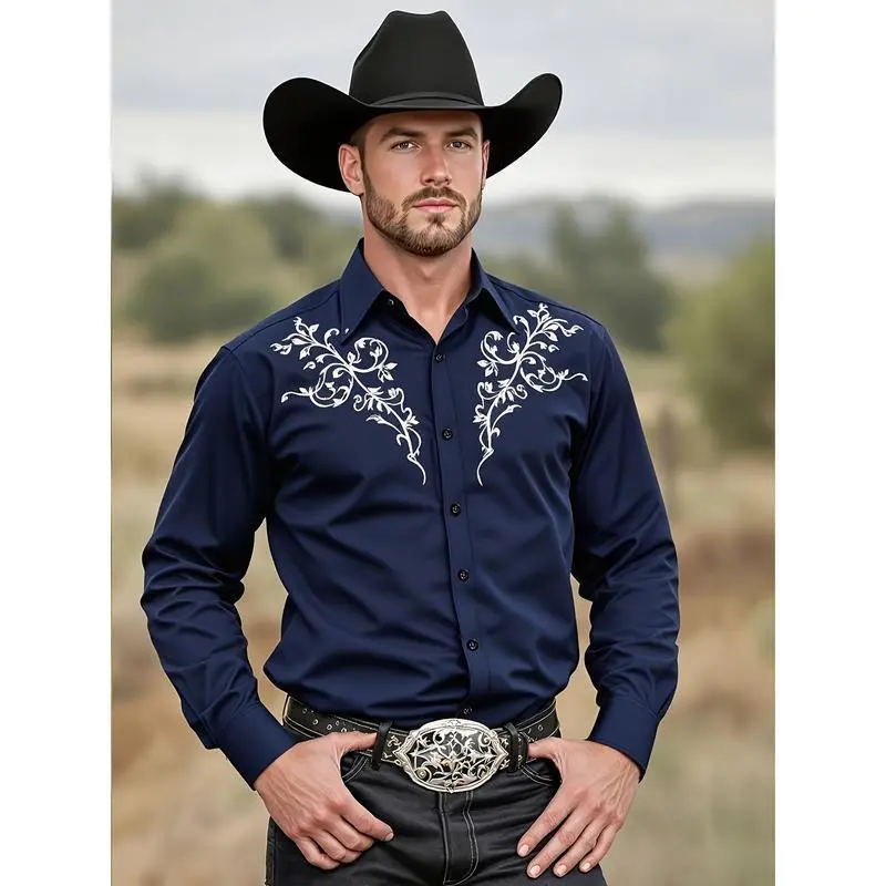 Men's Black Western Denim Shirt - slim fit, long sleeves, button with chest pocket, tribal pattern, suitable for all seasons, perfect for Western themed events, Western event clothing | fashionable men's shirt | slim fit shirt Men's Black Western Denim Shirt - slim fit, long sleeves, button with chest pocket, tribal pattern, suitable for all seasons, perfect for Western themed events, Western event clothing | fashionable men's shirt | slim fit shirt