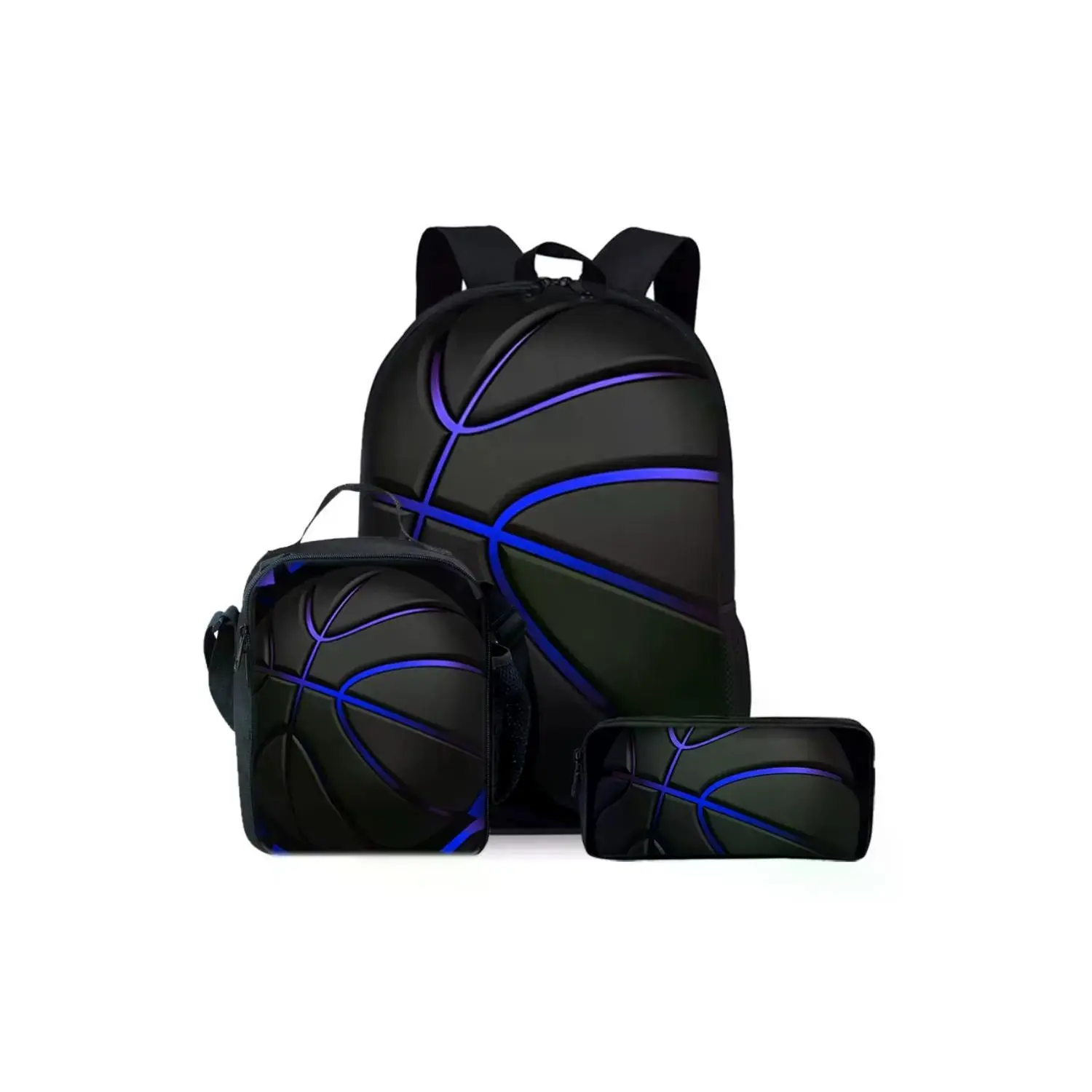 3-Piece Blue Basketball Backpack Set for Kids with Insulated Lunch Bag and Pencil Case