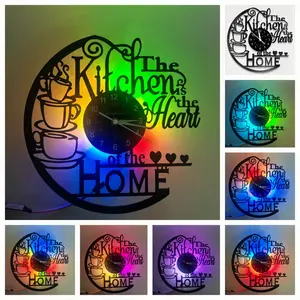 Double Color LED Kitchen Theme Vinyl Record Wall Clock, Led Wall Clocks, Coffee Themed with Stacked Coffee Cups and Heart Decorations, Home Decor