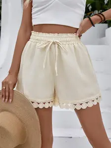 Women's European Style Solid Color Ruffle Hem Loose Shorts, Summer Fashion Casual Comfortable Daily Wear, Perfect for Everyday Life