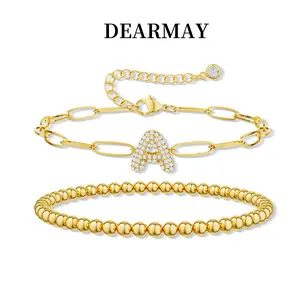 Dearmay 26 Letter Layered Bracelet for Women - Trendy Cubic Zirconia A-Z beaded Initial Bubble Letter Bracelet with adjustable paper clip chain Bracelet for women gifts exquisite Greenish Spring