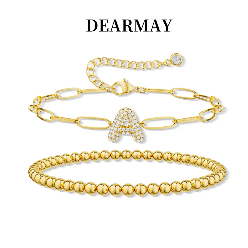 Dearmay Women's Double-Layer Design Jewelry for Women - 26-Letter Beaded Initials Bracelet, Cubic Zirconia A-Z Bubble Beads, Adjustable Chain Paper Clip Chain, Exquisite Gift for Greenish Spring Everyday Wear