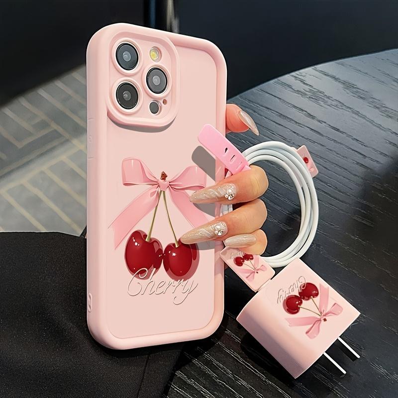 Cherry & Bowknot Pattern Phone Case with Charger Head Cover & Cable Protector & Storage Rope, Anti-drop Phone Cases for iPhone, Casing