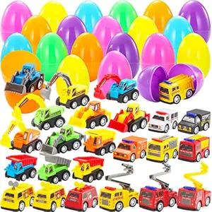 24 Pcs Filled Easter Eggs with Pull Back Construction Cars, Prefilled Easter Egg with Vehicle for Kid Boys, Basket Stuffers/Fillers, Party Favor, Classroom Prize Supplies