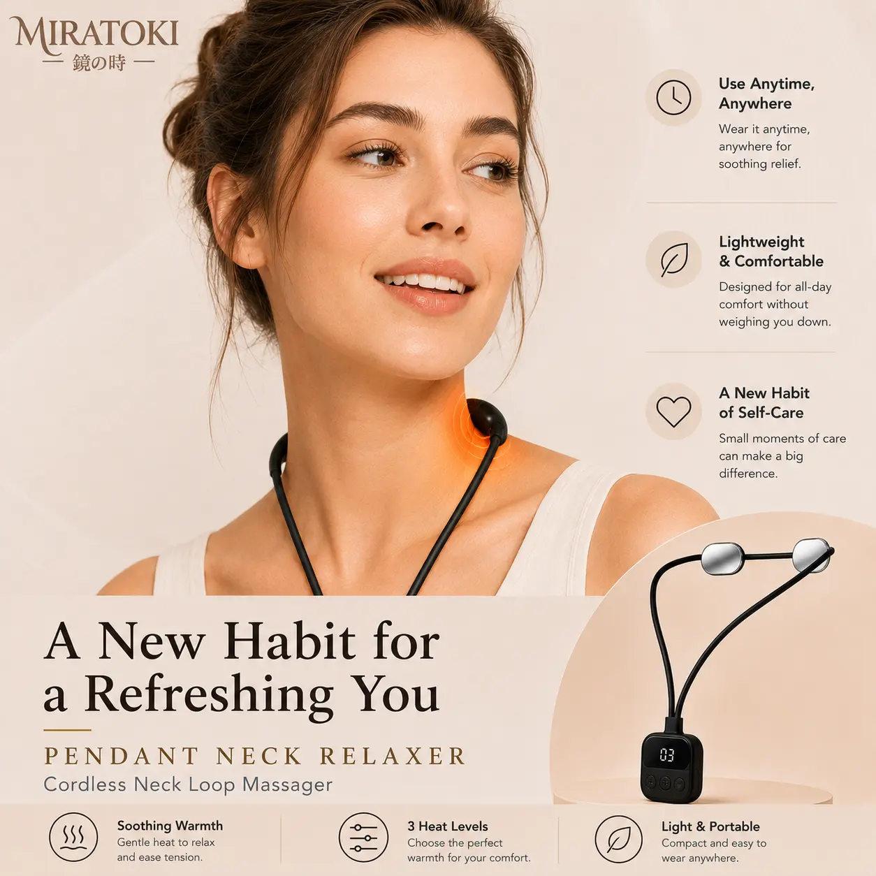 MIRATOKI Pendant Neck Relaxer, Wearable Heat & Micro-Pulse Massager, Cordless Neck Loop Device for Neck & Shoulder Relaxation, Full Body Wellness Routine